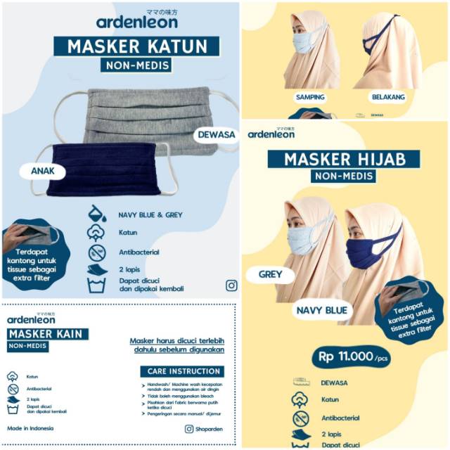 MASKER KATUN NON MEDIS ARDENLEON - ARDEN LEON MASKER ANAK HIJAB ANTIBACTERIAL