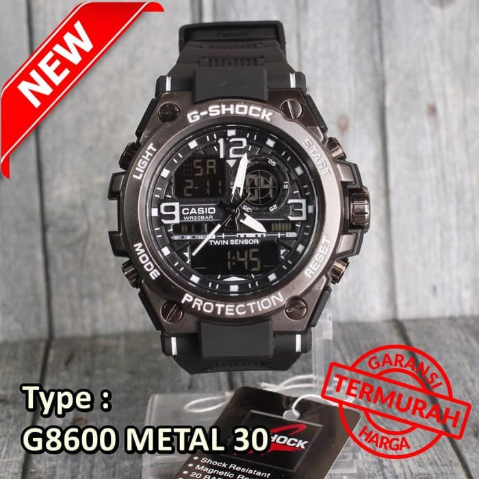 PA JAM TANGAN RUBBER PRIA GST-8600 G-8600 DUAL-TIME METAL ANTI AIR