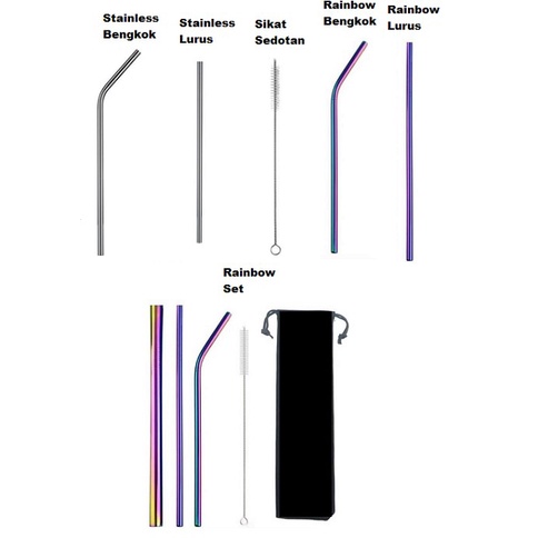 SET SEDOTAN STAINLESS STEEL RAINBOW BENGKOK LURUS SIKAT STRAW REUSABLE - SIKAT SEDOTAN