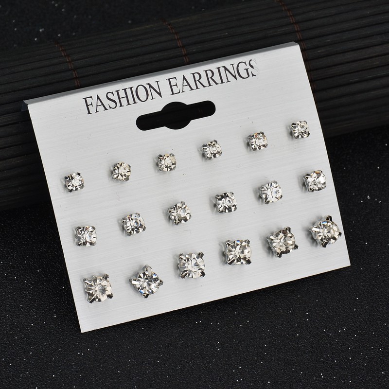 New Korean version of simple and generous earrings card imitation zirconium earrings one card 9 pairs set