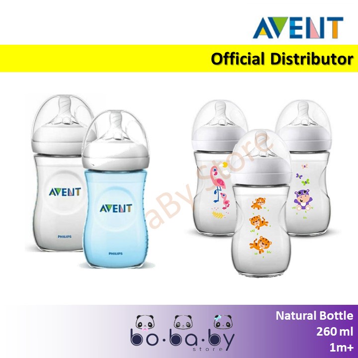 Botol Susu Bayi Philips Avent NATURAL 260 ml - 1pc Botol Tiger, Flamingo, Hippo, Bening, Biru