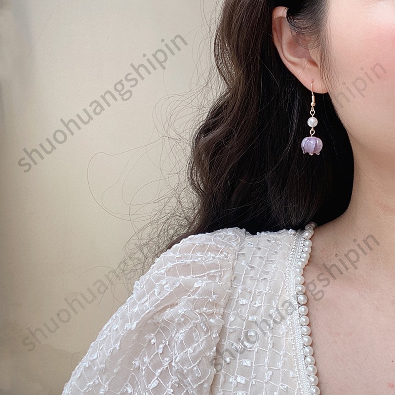 Anting Gantung Panjang Model Bunga Tulip Dengan Mutiara Gaya Retro Elegan Untuk Wanita