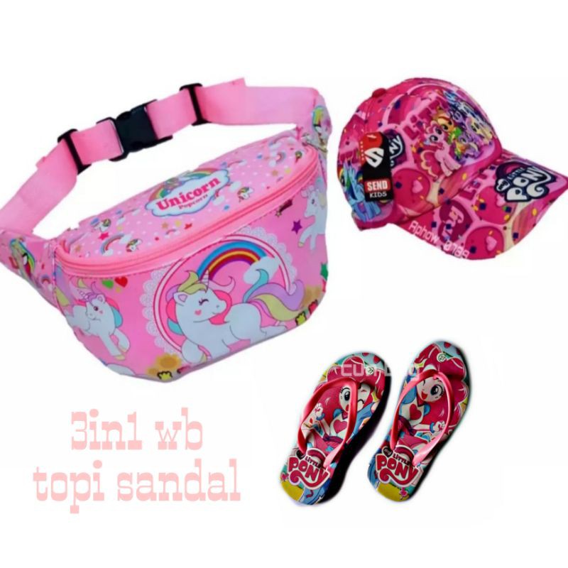 3 in1 tas waistbag anak kudapony unicorn+sandal+topo print