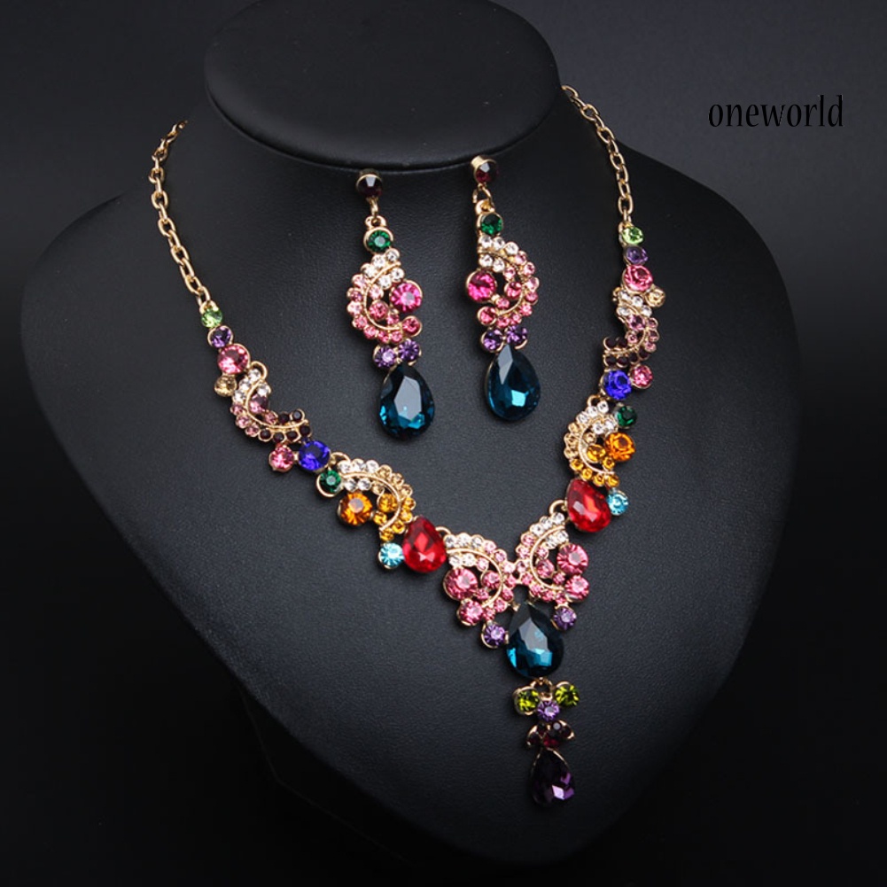 OW@ Luxury Women Rhinestone Pendant Chain Necklace Stud Earrings Wedding Jewelry Set