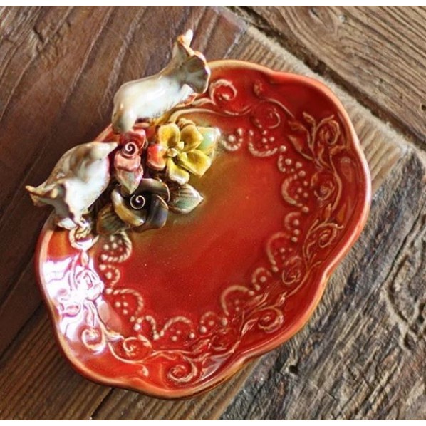 PIRING KERAMIK MERAH ANTIK MOTIF BURUNG/PIRING SAJI/PIRING CANTIK