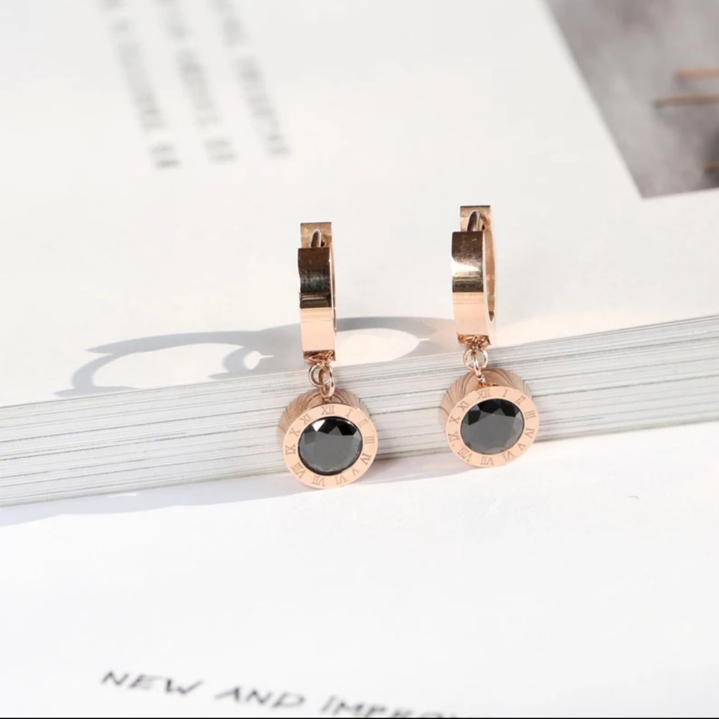 Anting Titanium Bvlgr Bulat Romawi Crystal Rose Gold, Gold dan Silver