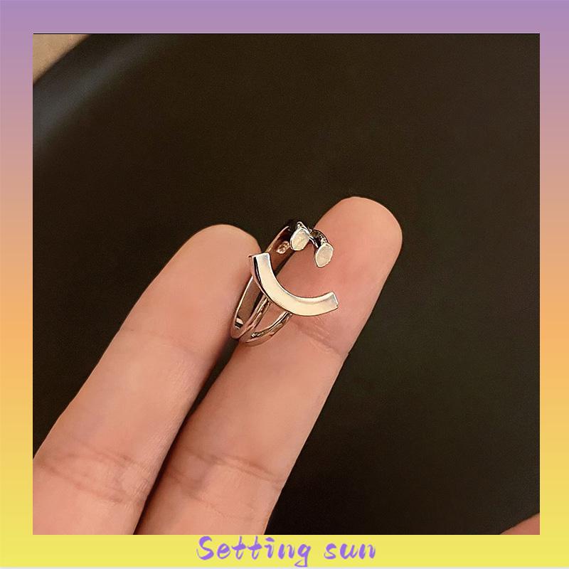 Cincin Model Terbuka Adjustable Desain Smiling Face Warna Silver Untuk Wanita TN