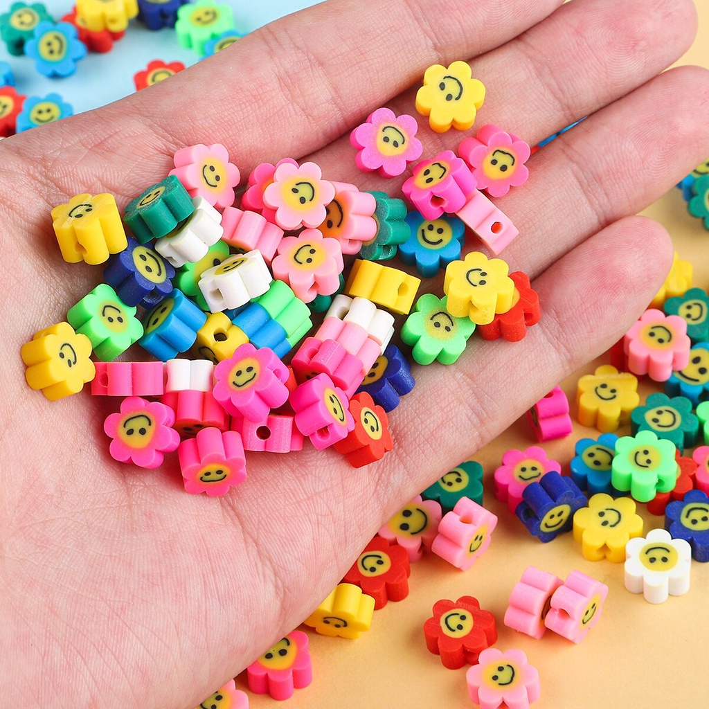 30pcs 10mm Flower Smile Polymer Clay Spacer Smile-Face Beads For Jewelry Making DIY Bracelet Necklace Accessories