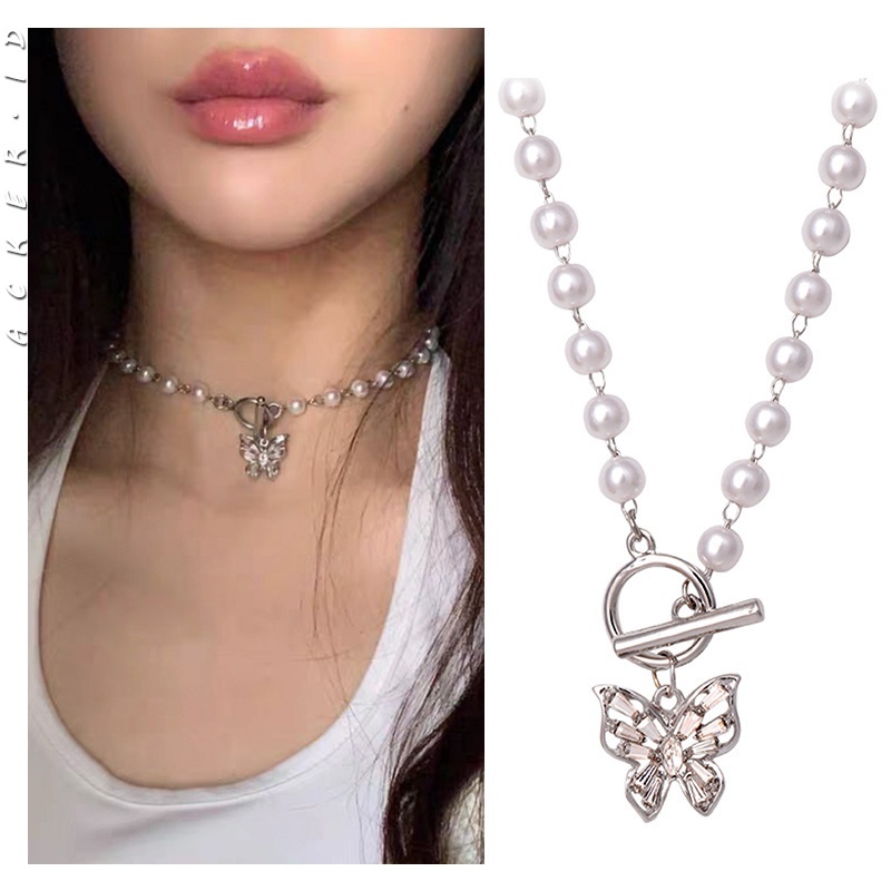 [ACKER] Korea Dongdaemun Wanita Mutiara Kalung Kupu-kupu Super Peri Temperamen Liar Kalung