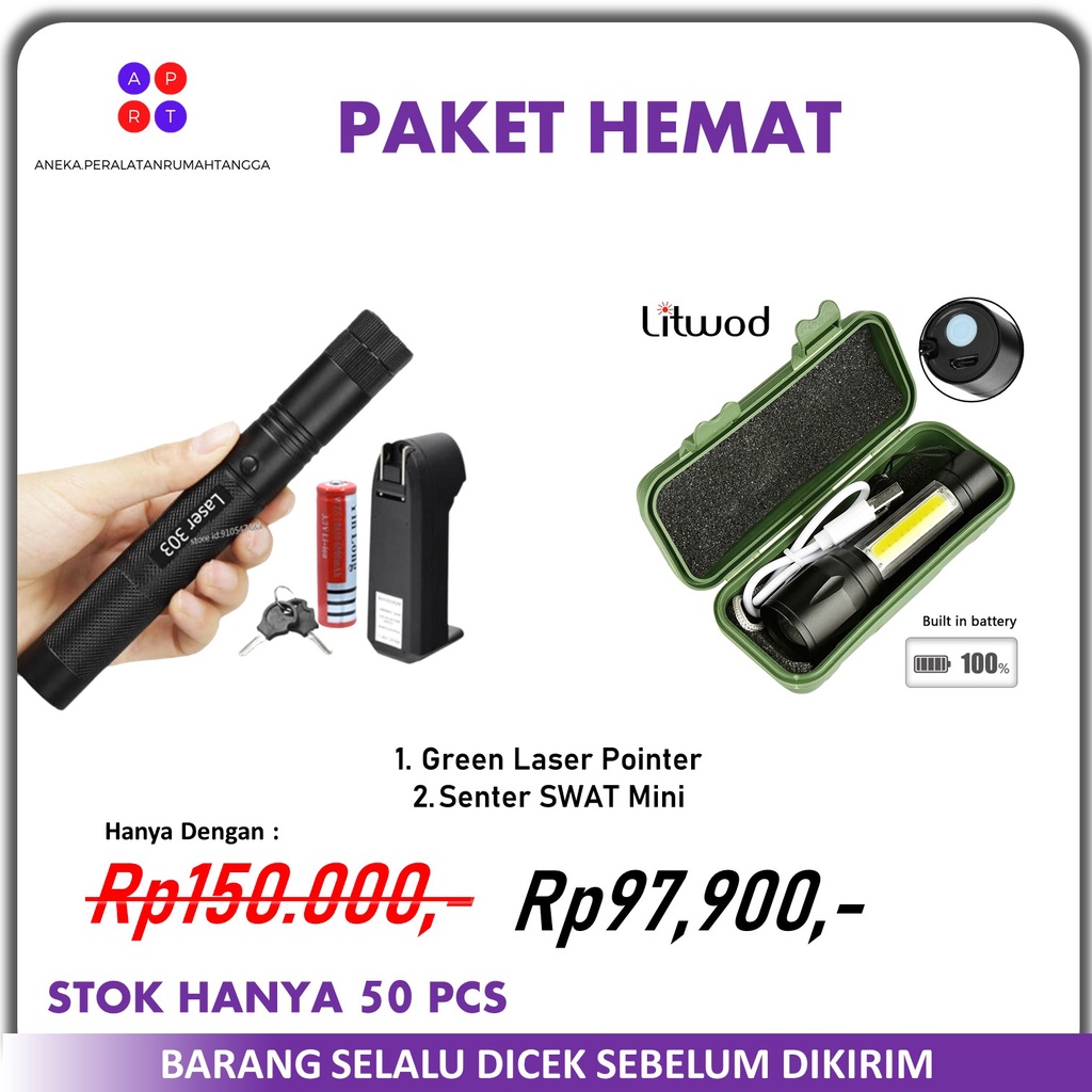 PAKET HEMAT Green Laser Pointer Vansear V-303 Laser Hijau Jarak Jauh Laser Pointer Laser Presentasi Original + Senter Mini SWAT