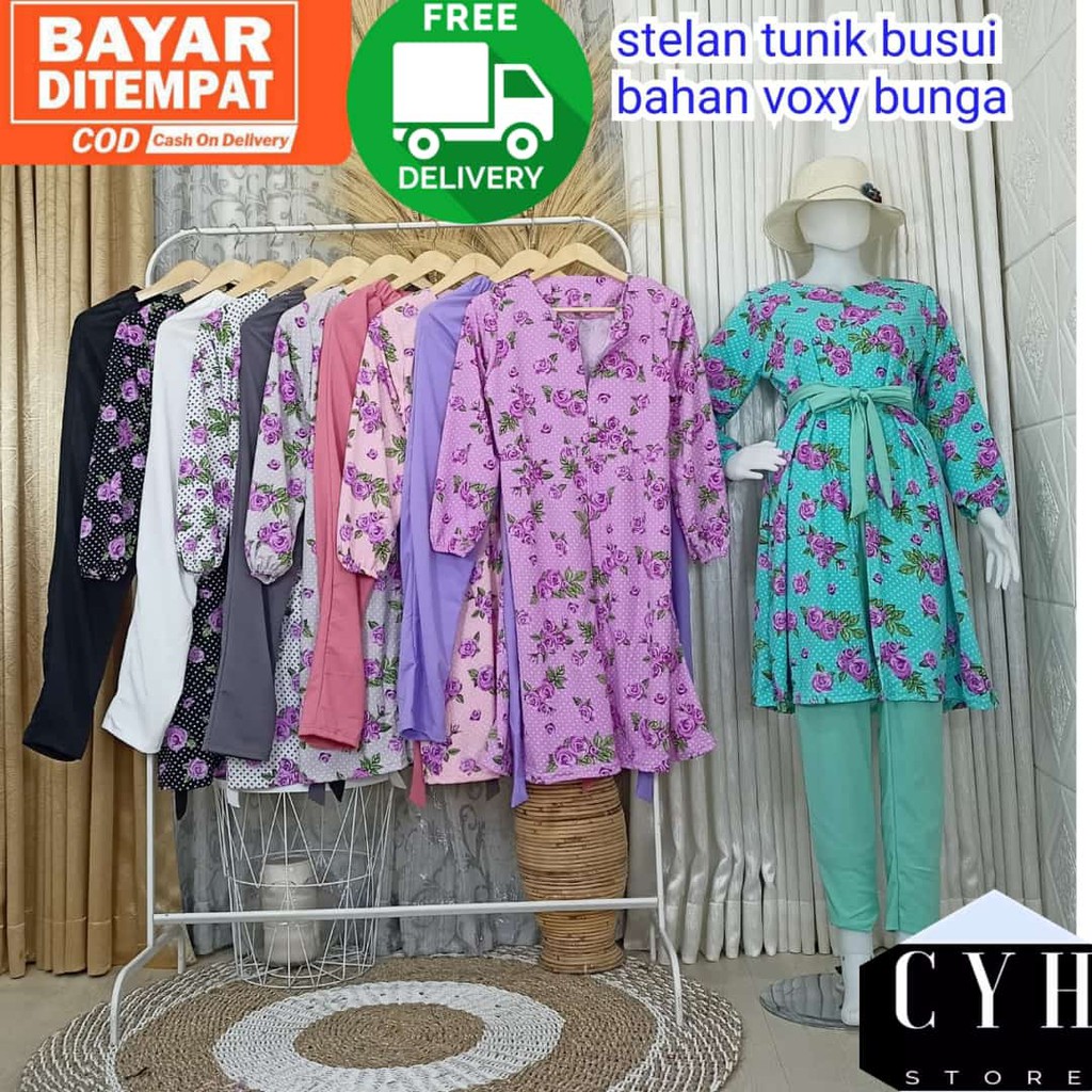 SETELAN TUNIK BUSUI MOTIF BUNGA BAHAN VOXY / ONESET / FASHION MUSLIM / SETCEL 3416