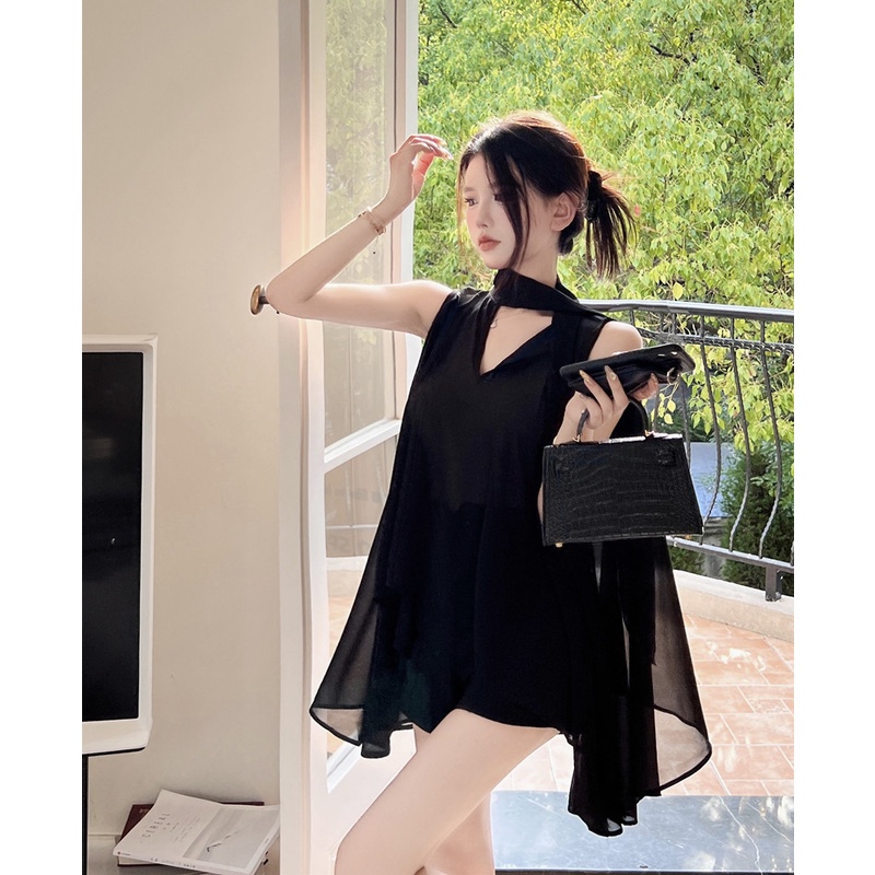 Suhao hitam v-neck kemeja gaun peri musim panas gaun hitam kecil temperamen halter leher sifon tanpa