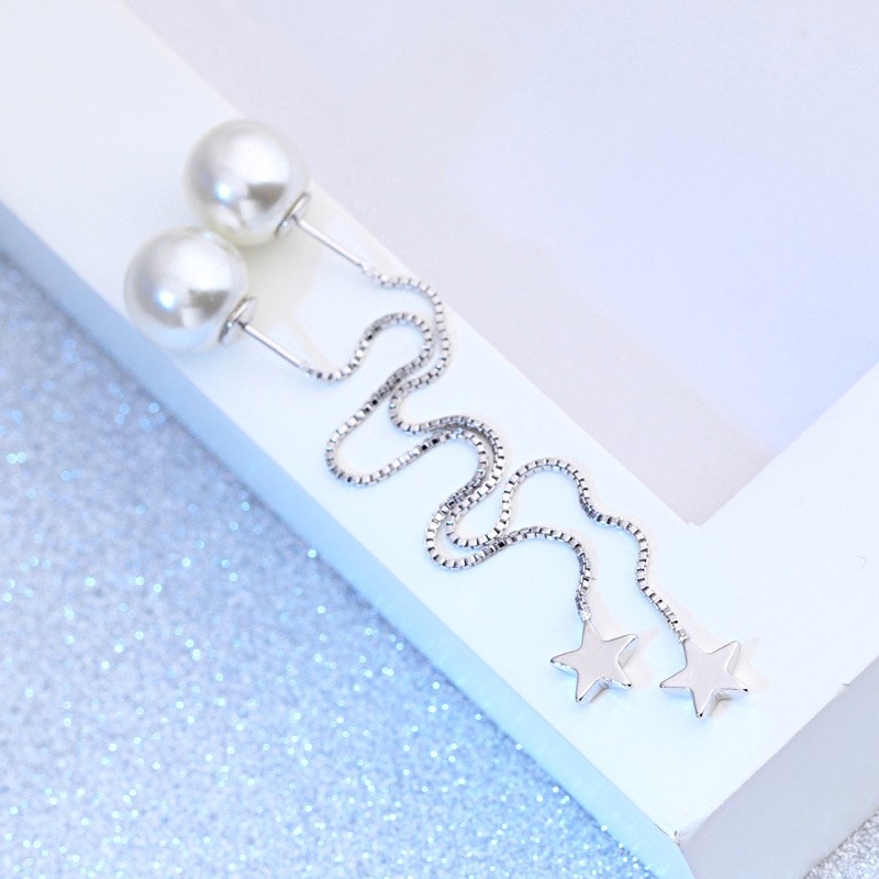 925 Perak Anting-Anting Panjang Wanita Pearl Lima Menunjuk Bintang Beruntung Daun Rumput Rumbai Ornamen