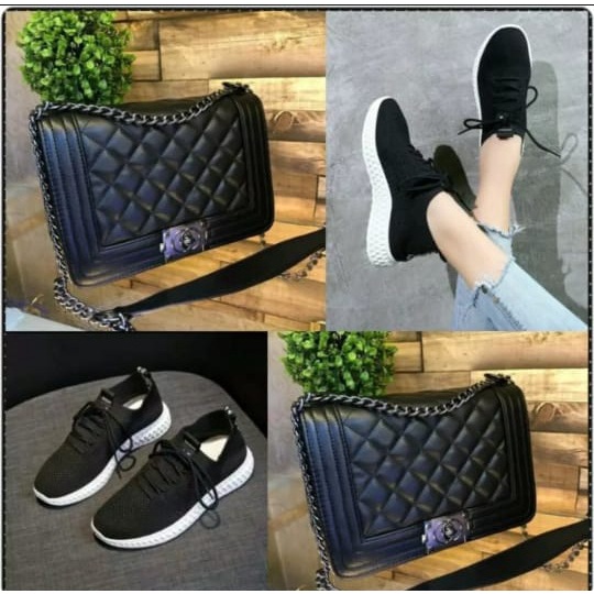 paket tas dan sepaatu sneakers wanita pink strar yellow dan black
