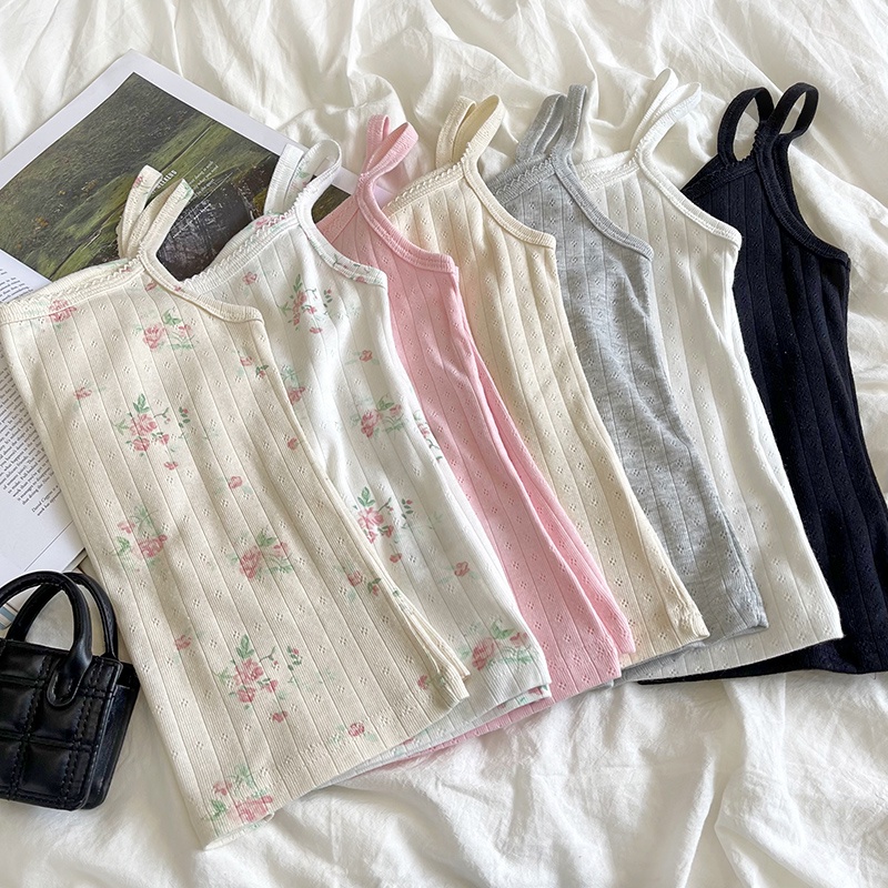 Musim panas gadis keinginan murni warna krim berongga kecil bunga budidaya diri semua-cocok bottoming kamisol kecil