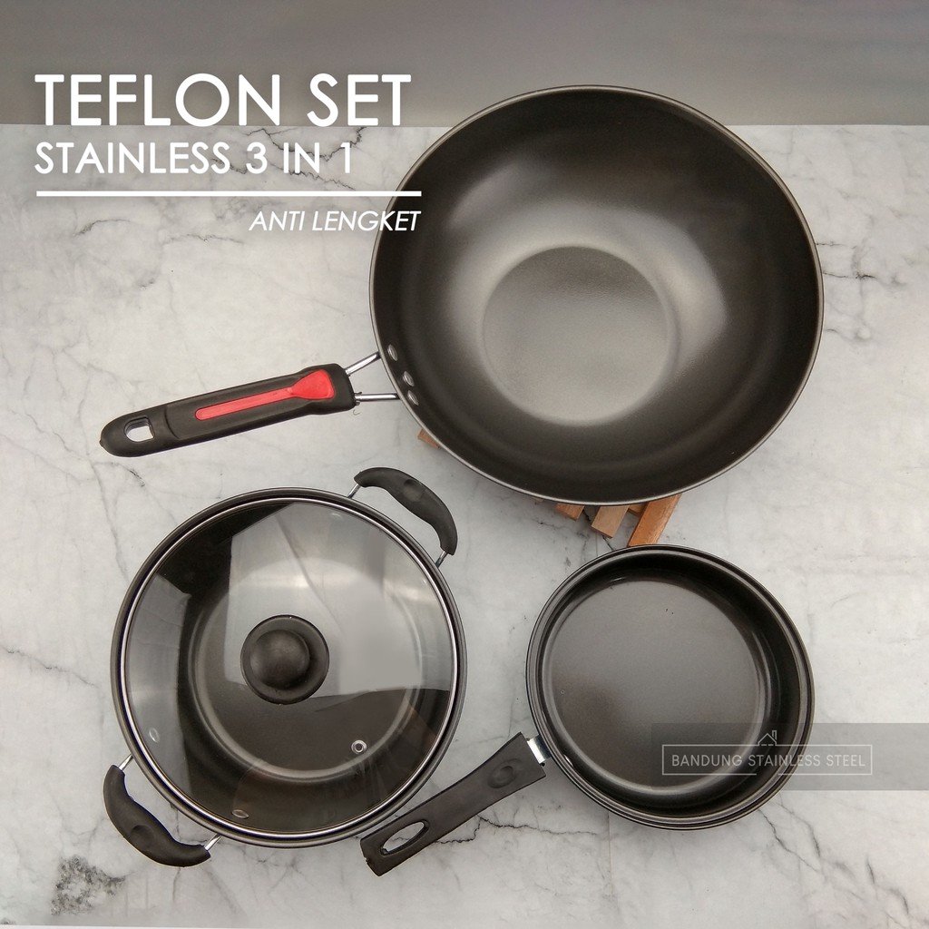 COOKWARE TEFLON SET WARNA WARNI STAINLESS 3 IN 1 WAJAN PANCI PENGGORENGAN