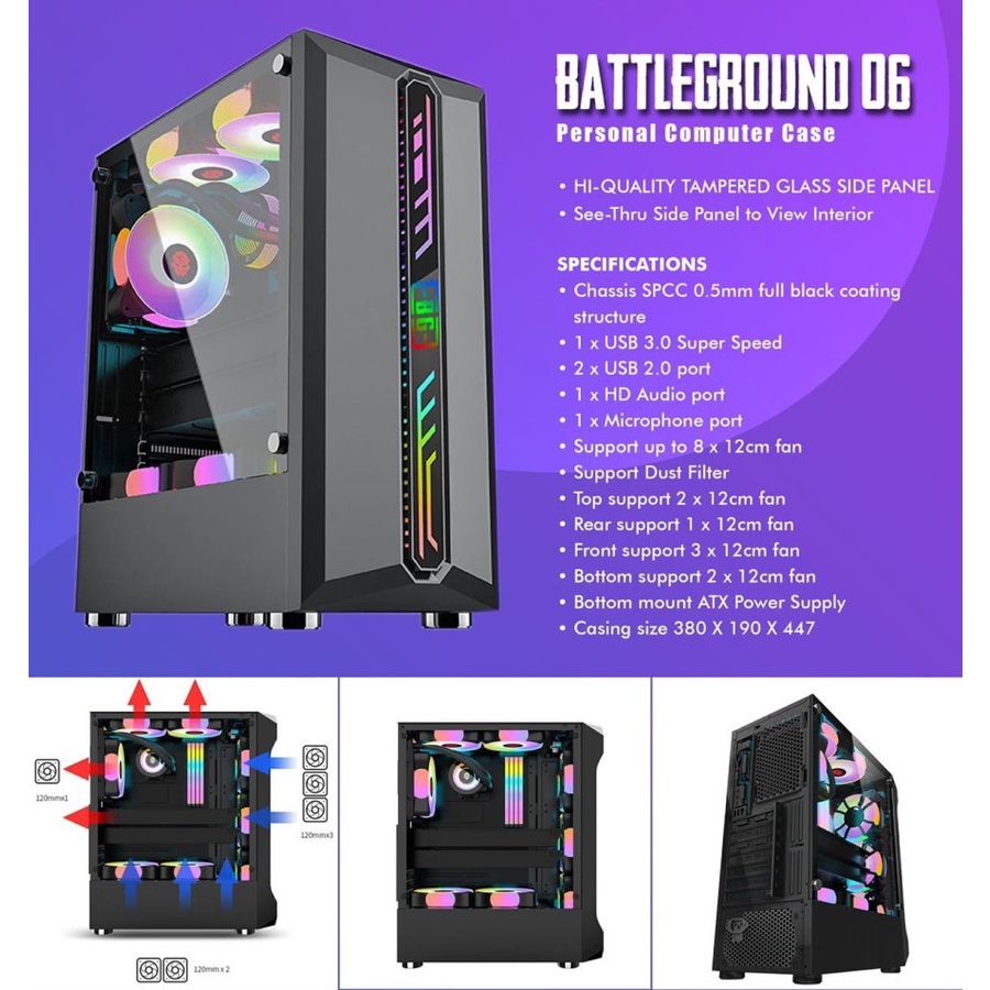 Casing Simbadda BattleGround 06 - ATX, mATX Tempered Glass Gaming Case