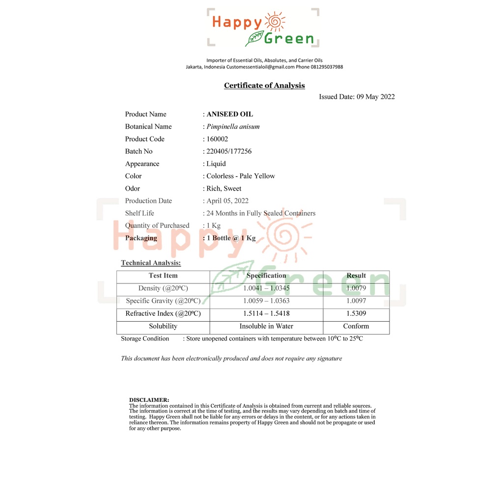 BPOM Happy Green Aniseed Essential Oil - Minyak Essensial Biji Adas 100% Murni Garansi Uang Kembali