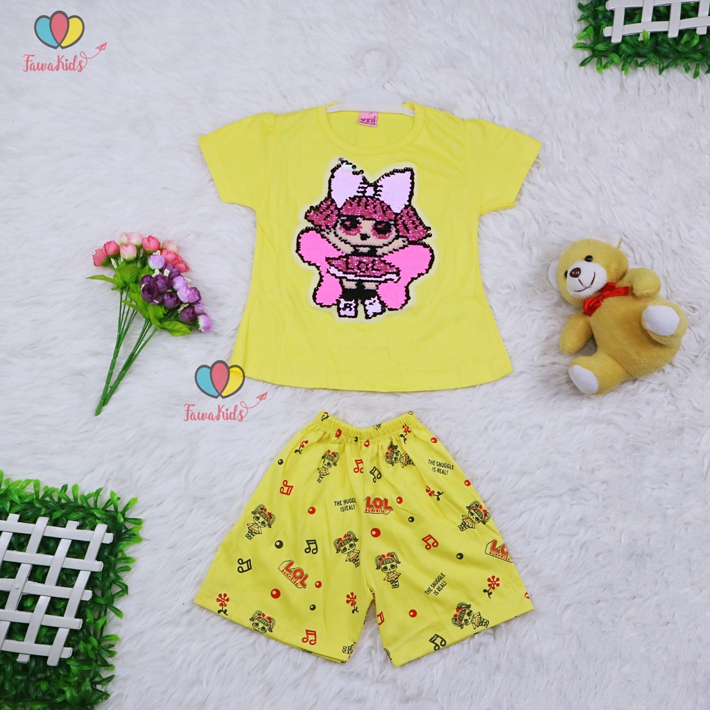 Setelan Queena uk 1-6 Tahun / High Quality Baju Anak Perempuan Kaos Usap Karakter Lengan Pendek Cewe