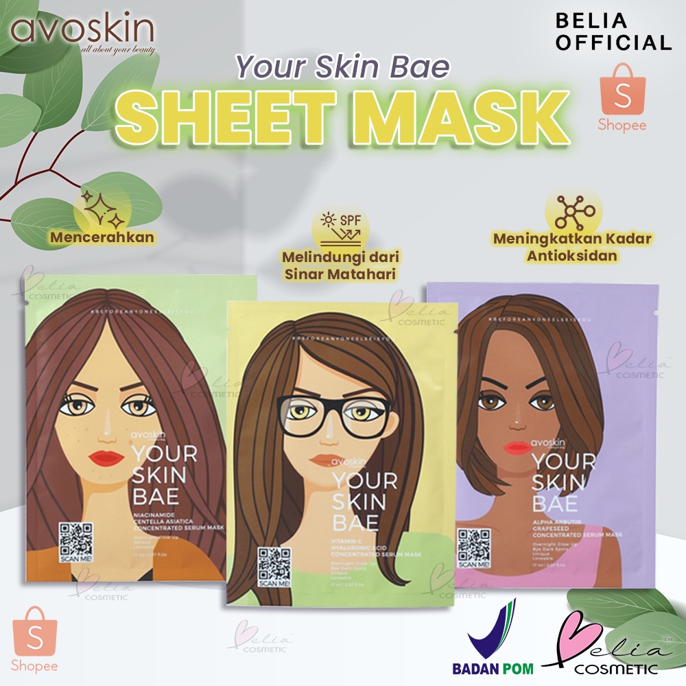 ❤ BELIA ❤ AVOSKIN Your Skin Bae Sheet Mask | Niacinamide | Vitamin C | Alpha Arbutin | Serum Mask | BPOM