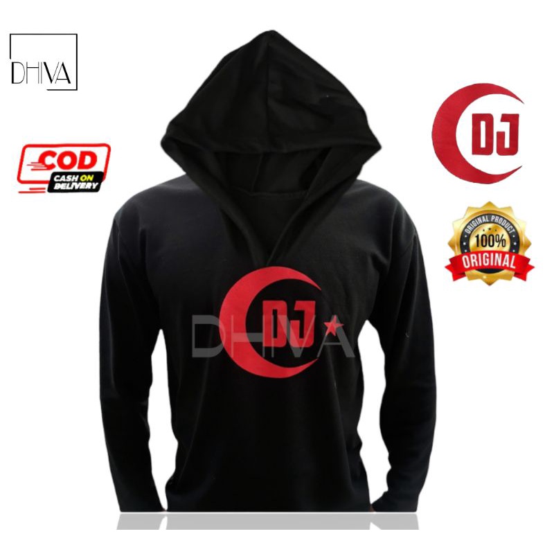 Ada Tulisan DJ Kaos Kupluk Hitam Pria Lengan Panjang