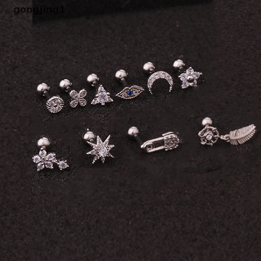 Anting Stud Kristal Berlian Imitasi Bentuk Bunga Bulan Helix Cartilage Body Piercing
