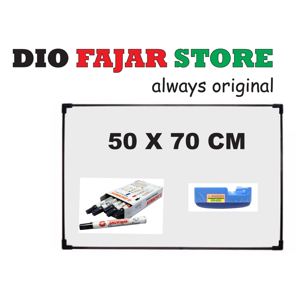 

PAPAN WHITE BOARD 50 X 70 CM PLUS 1 LUSIN SPIDOL WB + PENGHAPUS