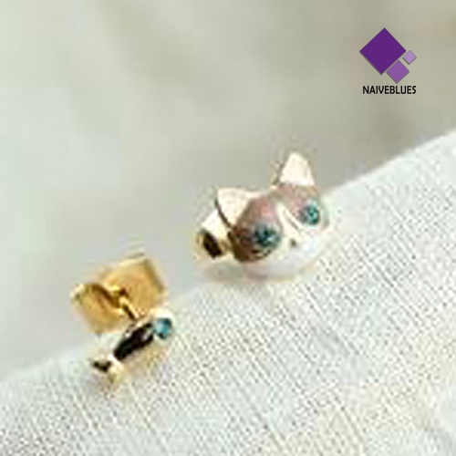 1 Pasang Anting Stud Desain Kucing Aksen Berlian Imitasi Gaya Korea Untuk Wanita