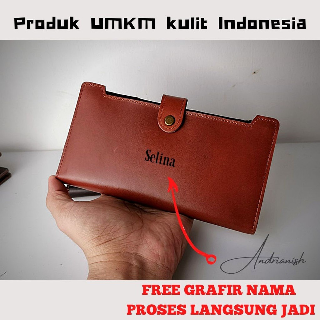 Dompet wanita kulit Asli Panjang kancing  - Gratis Custom