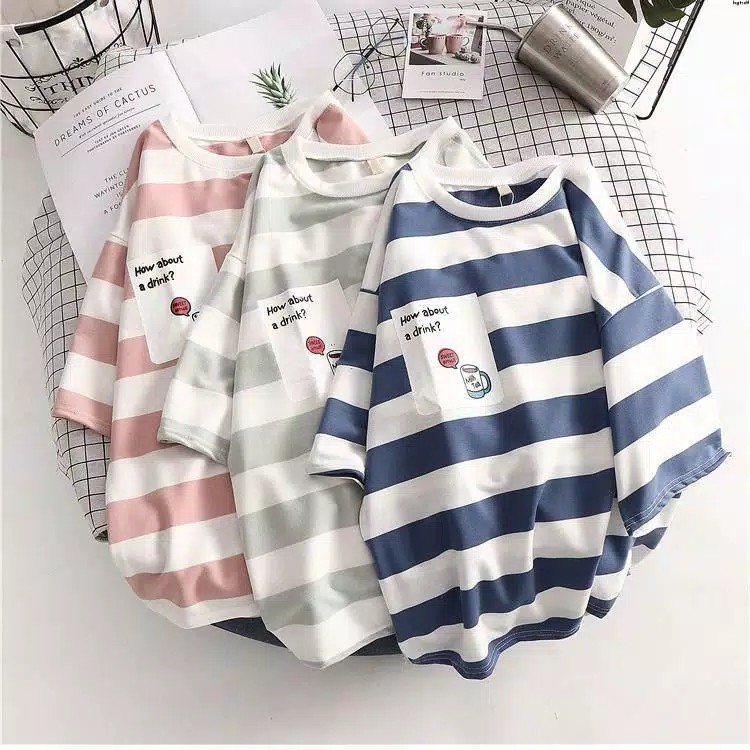 TBI Korean Oversized Loose T-shirt Import Stripe Cute Tee Lengan Pendek - NAVY