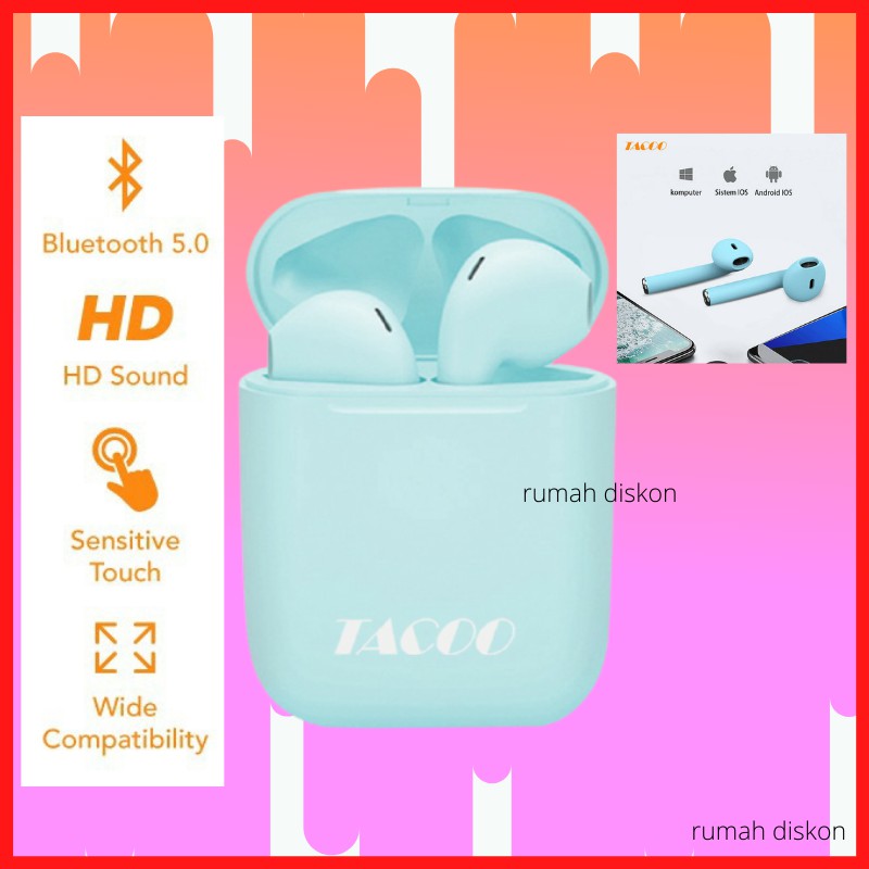 Headset TWS Bluetooth Earphone Bluetooth TWS Inpods i12 Macaron Deep Bass Wireless Bluetooth Tacoo