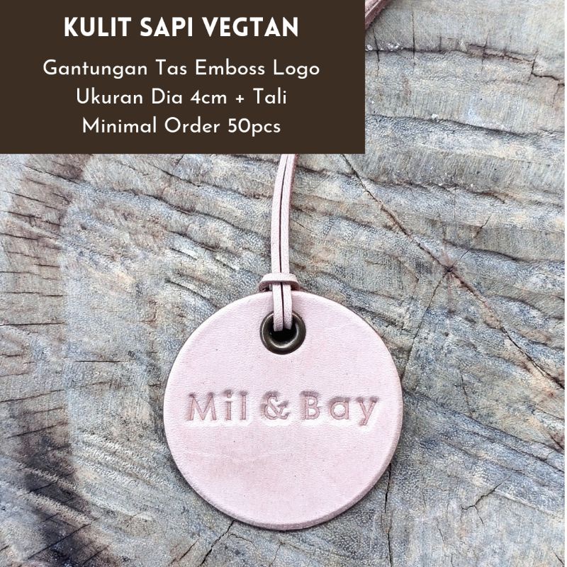 Terlaris Custom Aksesoris Gantungan Tas Kulit Sapi Vegtan Emboss/Deboss Logo Merk dia 4cm