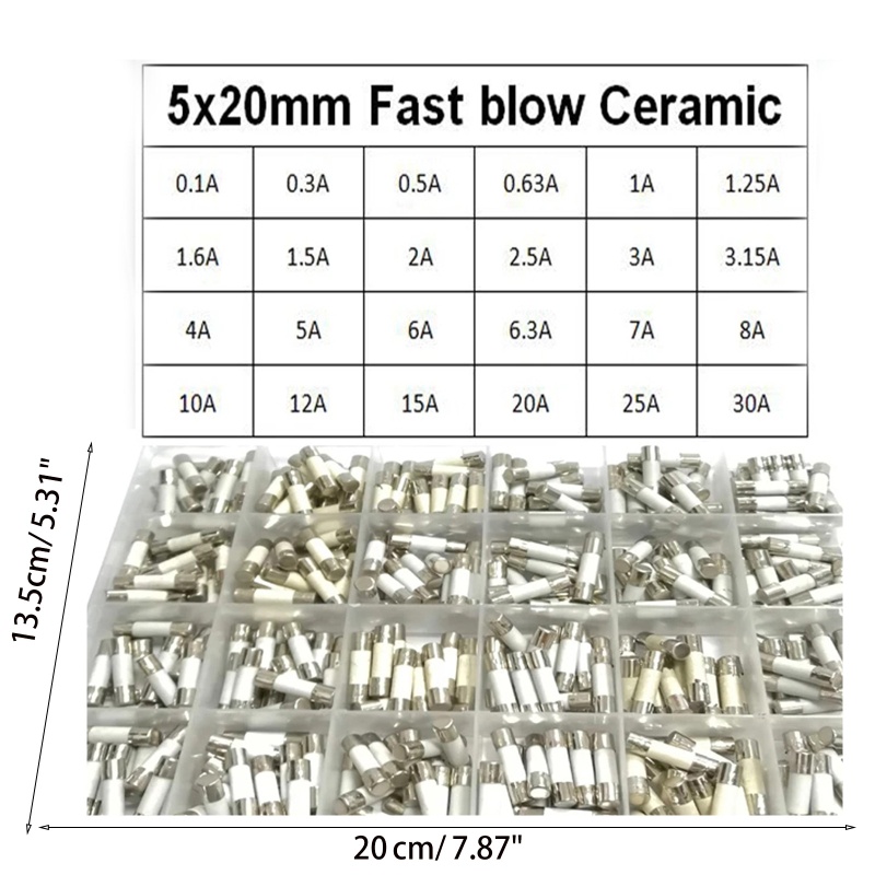 Sekring Keramik btsg Fast Blow 360Pcs/Box 24Values 5x20mm 250V 0.1A 0.3A 0.5A 1A 1.5A 2A 2.5A 3A 3.15A 4A 5A 6A 10A 15A 20A