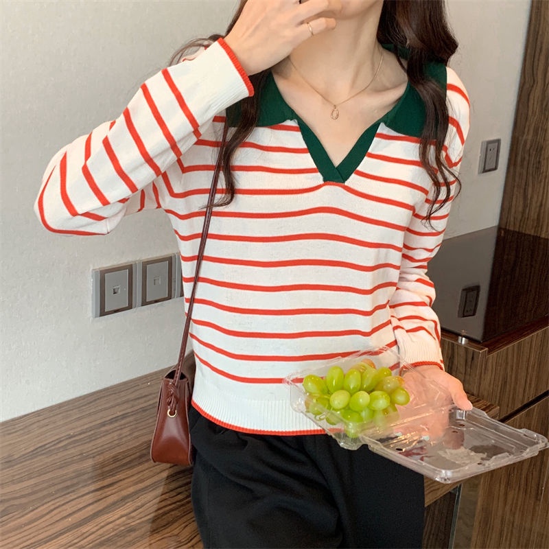 KNIT STRIPE WANITA V LENGAN PANJANG PREMIUM SWEATER KOREA