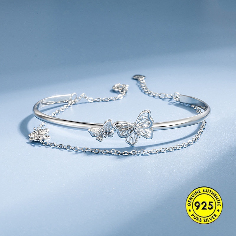 Gelang Wanita Model Butterfly Lapis Ganda Bahan S925 Silver Tahan Air Non Karat U1009