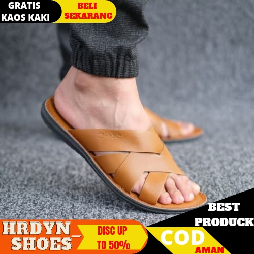 sandal sendal slop pria cowok laki laki dewasa casual kulit asli murah original BARLIN sandal kulit sampai ke alas nya