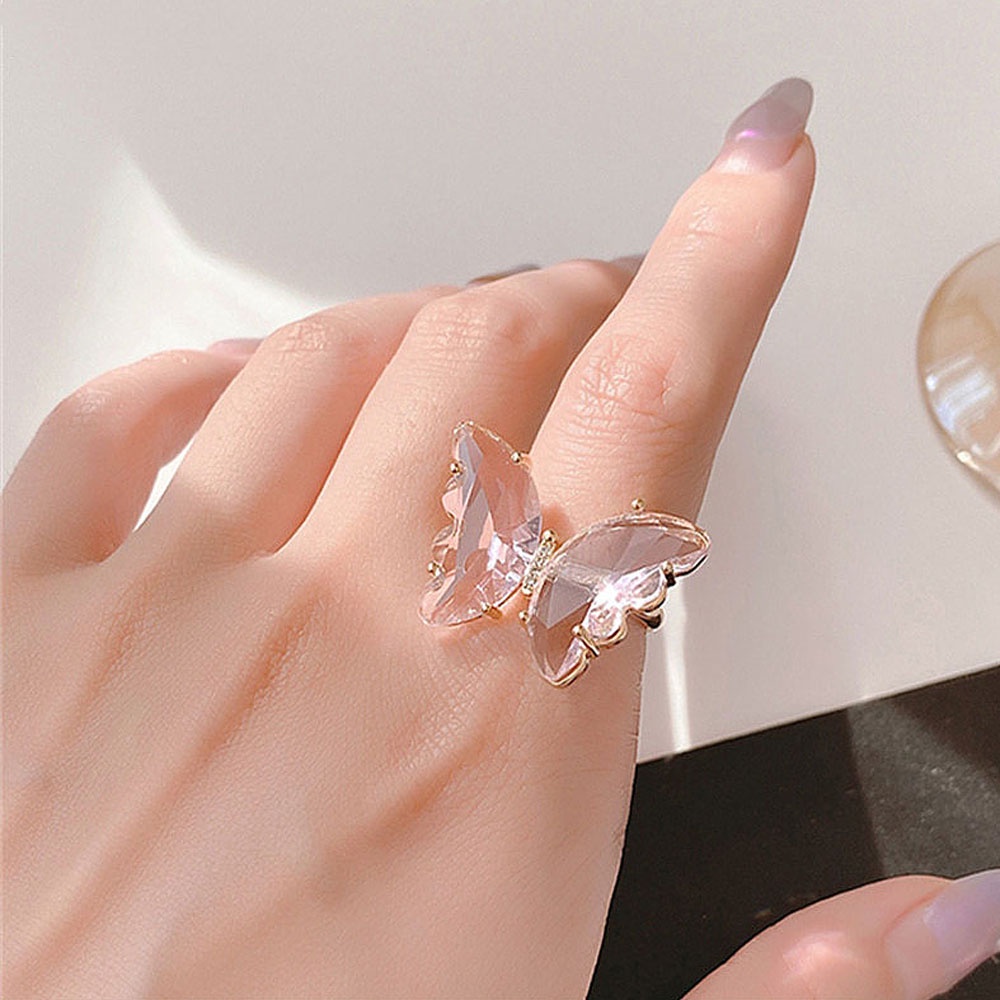 Needway  Shiny Butterfly Finger Ring Colorful Jewelry Open Ring Women Simple Style Transparent Candy Color Elegant Fashion Gift For Women/Multicolor