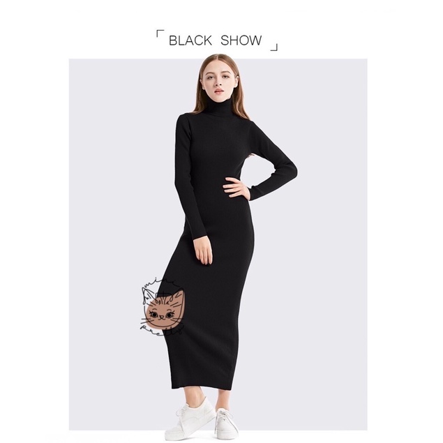 Long Dress Rajut Bodycon / Press Body Kerah Tinggi