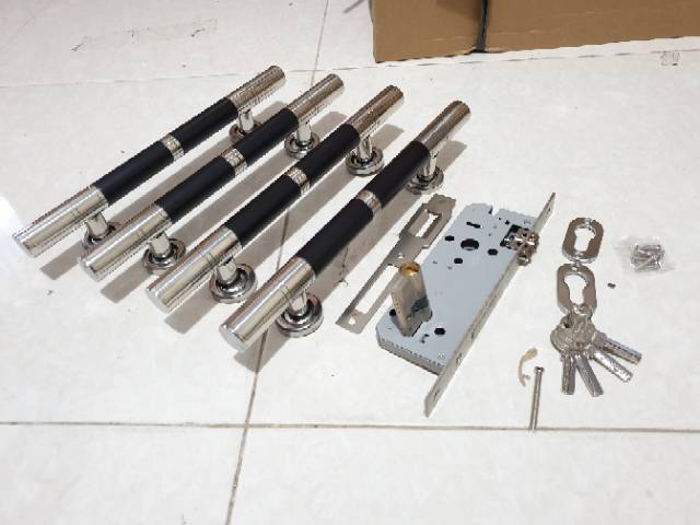 Paket handle pintu stainless 33cm bulat hitam 2set + kunci pelor belmondo PROMO TERMURAH