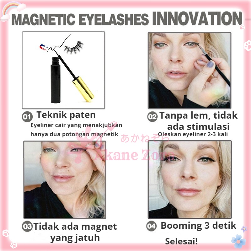 Akane Zora Bulu Mata Palsu Natural Magnet/ 3D Bulu Mata Palsu Tidak Perlu Lem Bulu Mata/ Bulu Mata Eyelash Extension 3D Paketan Set Tebal 5 Pasang Premium/ Magnetik Eyeliner Bulu Mata Eyelash Magnetic Natural