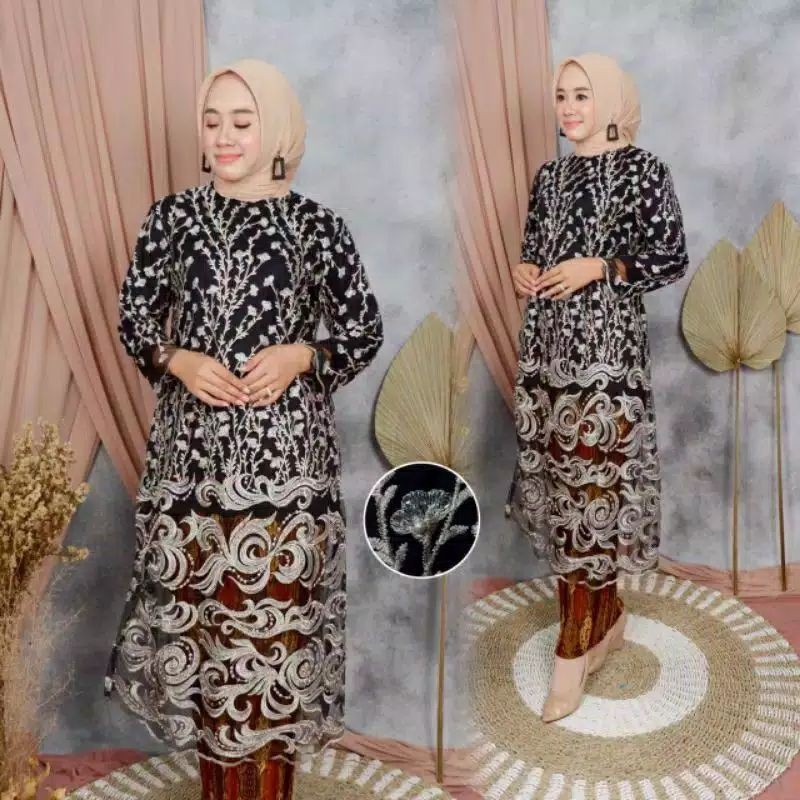 SETELAN KEBAYA TILLE BORDIR HITAM/KEBAYA TUNIK TULLE IMPORT/KEBAYA KEKINIAN