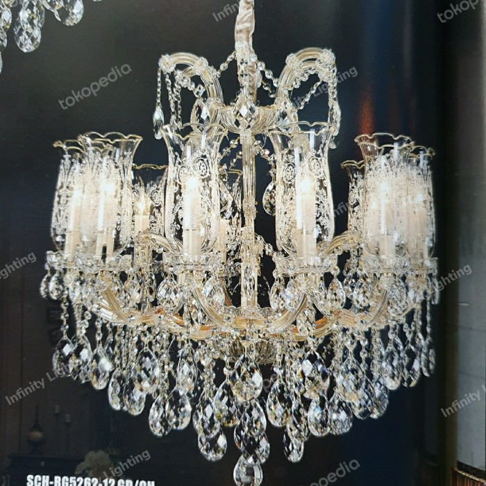 LAMPU GANTUNG CRISTAL LILIN CEKO SEMPRONG 12 LAMPU GOLD/SILVER