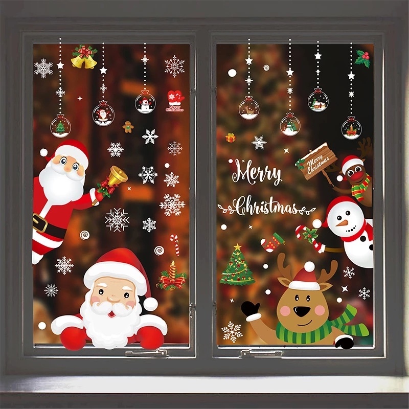 Cartoon Santa Claus Snowman Christmas Window Sticker / Merry Christmas Glass Decor For Home New Year Party / Xmas House Decorations