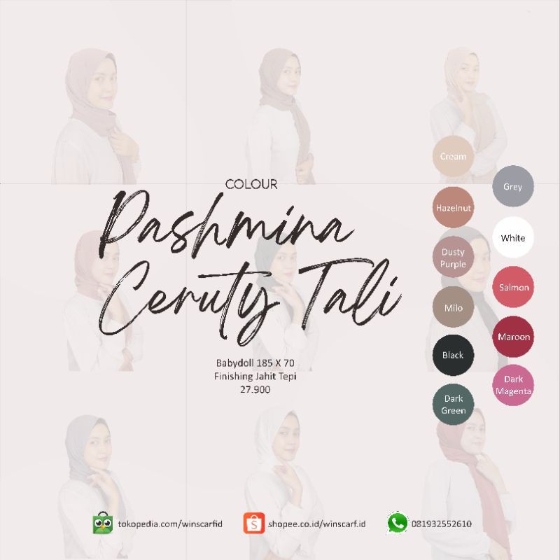Pashmina hijab ceruty babydoll instan tali premium warna coklat milo cream merah maroon ungu hitam