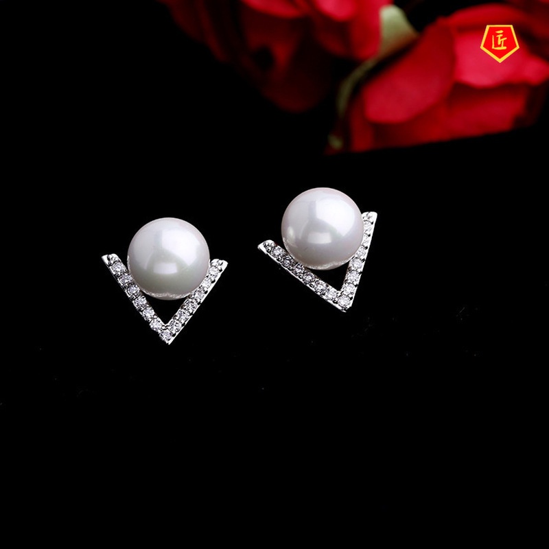 [Ready Stock]Korean-Style Elegant Pearl V-Shaped Stud Earrings