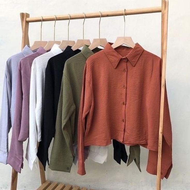 BELLA CROP / KEMEJA CROP /KEMEJA CRINGKLE / ATASAN WANITA MODEL CROP LENGAN PANJANG BAHAN RAYON CRIN