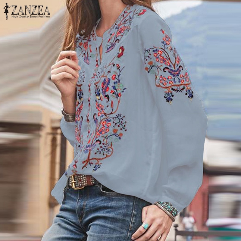 ZANZEA Women Long Sleeve V Neck Button Front Printed Blouse