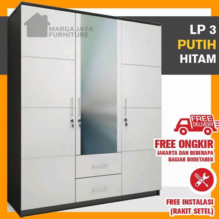 Lemari Pakaian 3 Pintu Minimalis Putih - Putih Hitam Best Seller
