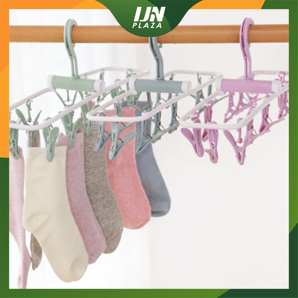 ❤ IJN ❤ Hanger Jemuran Baju Gantungan Pakaian Lipat Portable 12 Jepitan Jemuran Bra Jaket Kaos kaki Multifungsi