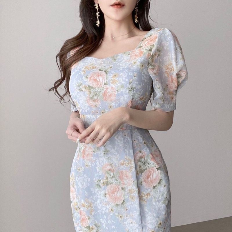 VN SUMMER DRESS / DRESS PANTAI /  KOREAN DRESS BEACH PARTY SQUARE NECK SINHYE MERMAID FLORAL DRESS